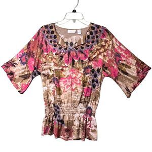 Chicos Shirt Womens Small Beige Pink Floral Embellished Beaded Smocked Boho